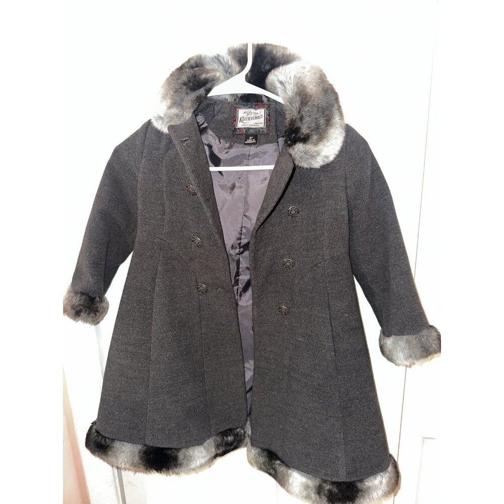 Rothschild Size 4 Girls Gray Soft Faux Fur Trim Christmas Dressy Coat Jacket